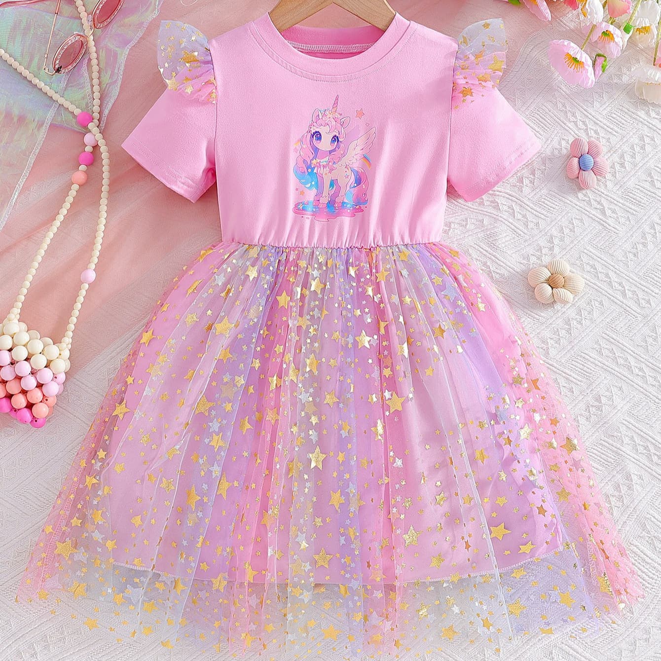 Girls Summer Dress 2026 New Style Little Girls Tulle Cartoon Unicorn Princess Dress Fashion