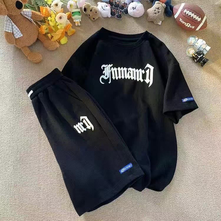 Cross-Border Waffle Casual Suit Men's Summer Ice Silk Short Sleeve T-Shirt Men's Suit with Sportswear Wholesale