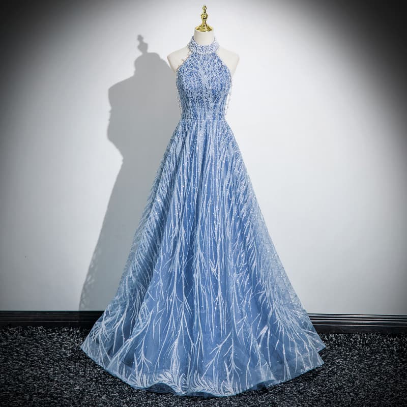 Blue halterneck wedding dress evening dress for women high-end light luxury niche adult ceremony annual meeting vocal music test high-end dress