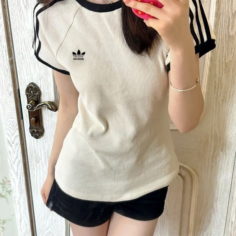Ribbed Knit Fabric Trefoil Embroidery Round Neck Slim Fit Short Sleeve T-Shirt Top for Women