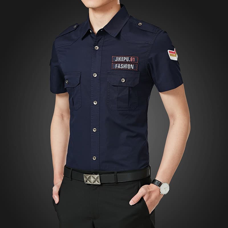 Summer Men's Short Sleeve Shirt Black Cotton Top Slim Fit Casual Military Style Shirt