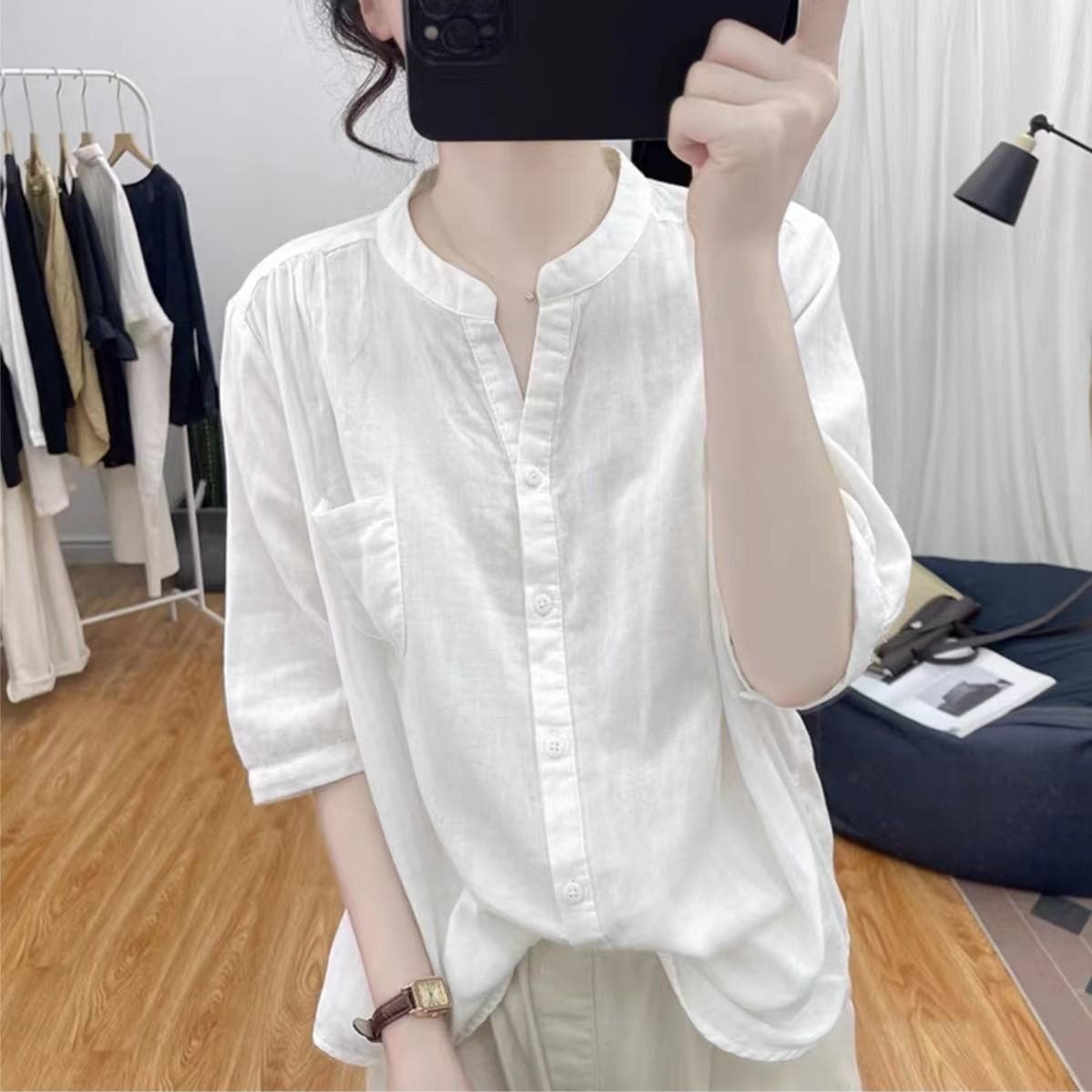 Cotton summer double-layer cotton yarn floral shirt age-reducing large size mid-sleeve shirt fashionable age-reducing casual top for women