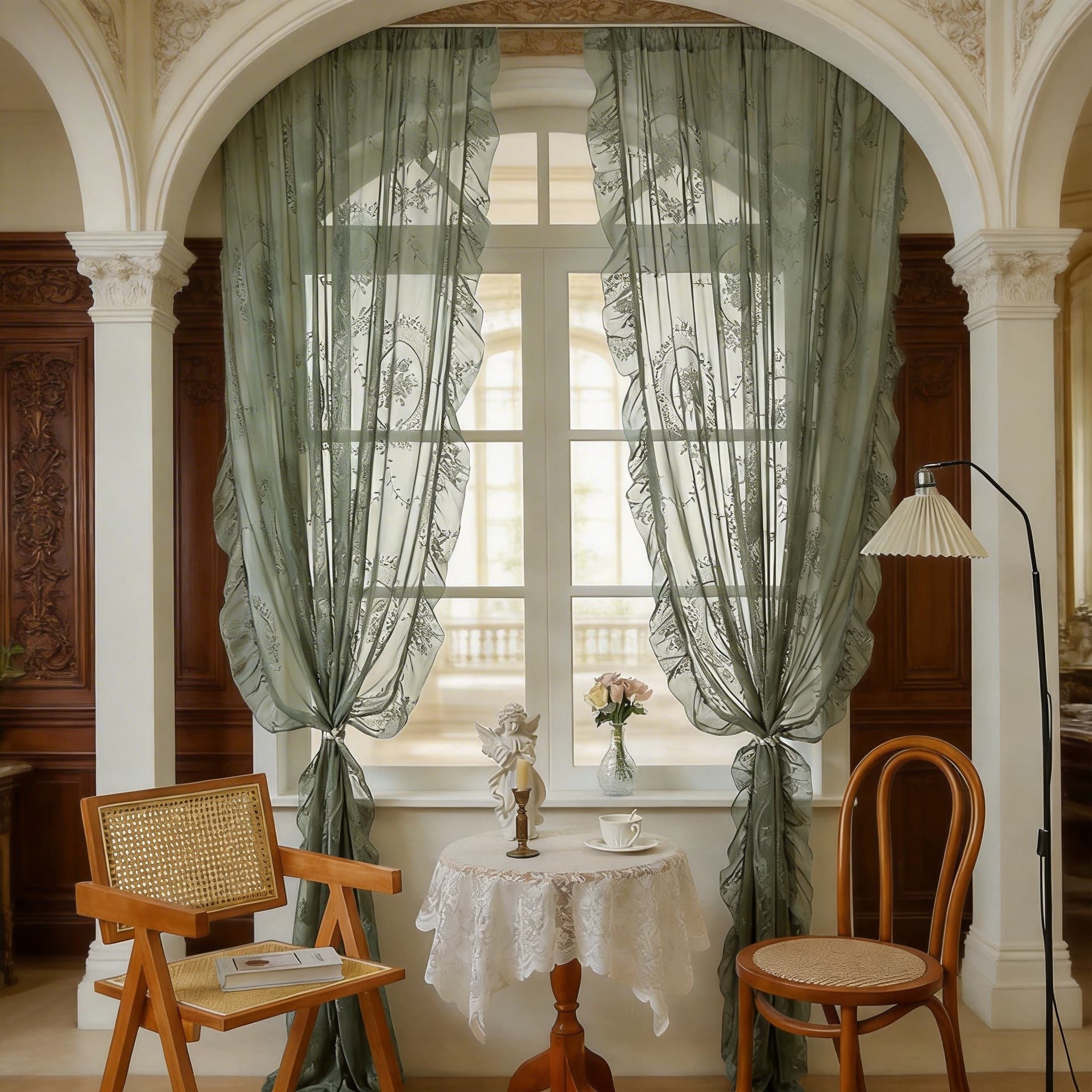 Rustic Round Mirror Flower Lace Curtain Semi-Shade Window Treatment for Living Room Bedroom Balcony Bay Window Modern Simple Style
