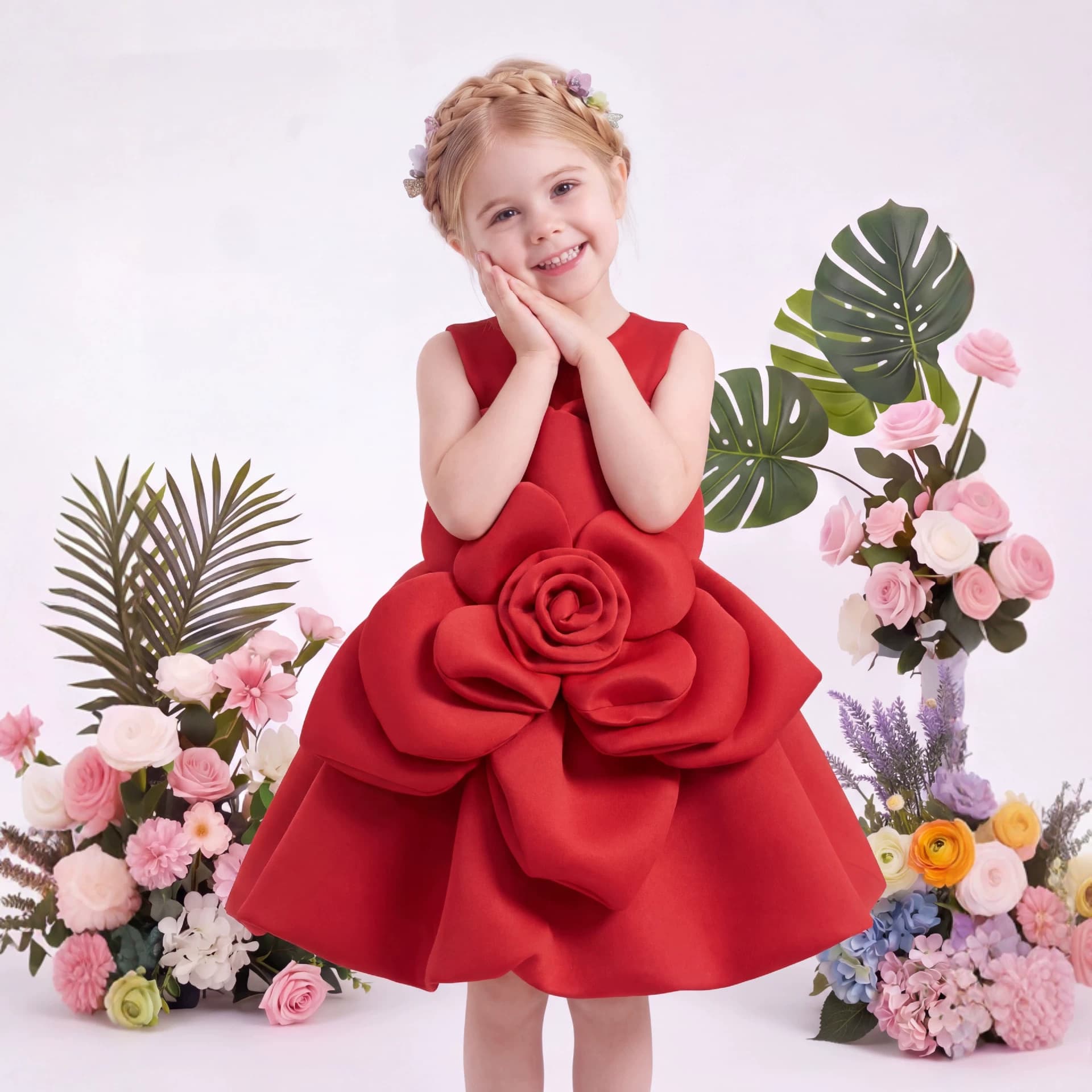Cross-Border Ins-Style Princess Dress with Air Cotton and Large 3D Flowers, Birthday Dress for Little Girls, Flower Girl Dress for Summer