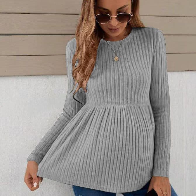 Amazon's New Autumn and Winter Versatile Short Dress, European and American Style Long-Sleeve Maternity Top, Solid Color Pullover Maternity T-Shirt