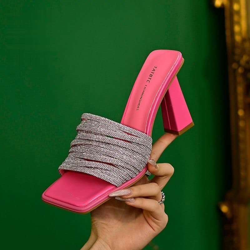 Slide High Heel Sandals New Style 2026 Summer, Luxury Rhinestone Thin Heel Sandals for Women to Wear with Dresses