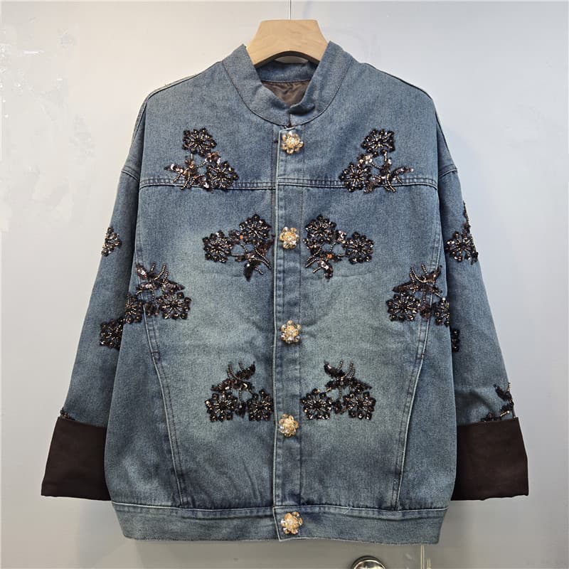 Vintage Patchwork Contrast Sequin Heavy Embroidered Floral Denim Jacket for Women 2026 Fall New Arrival Coat Top
