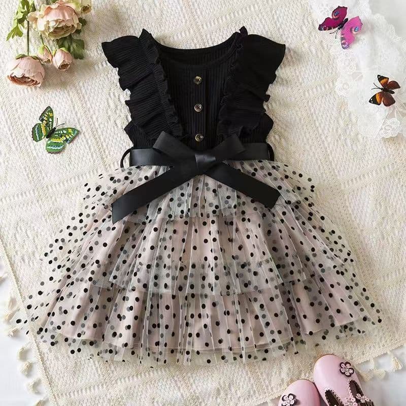 New Korean Style Round Neck Short Sleeve Polka Dot A-Line Dress Stylish Mesh Princess Dress Summer Kids Clothing