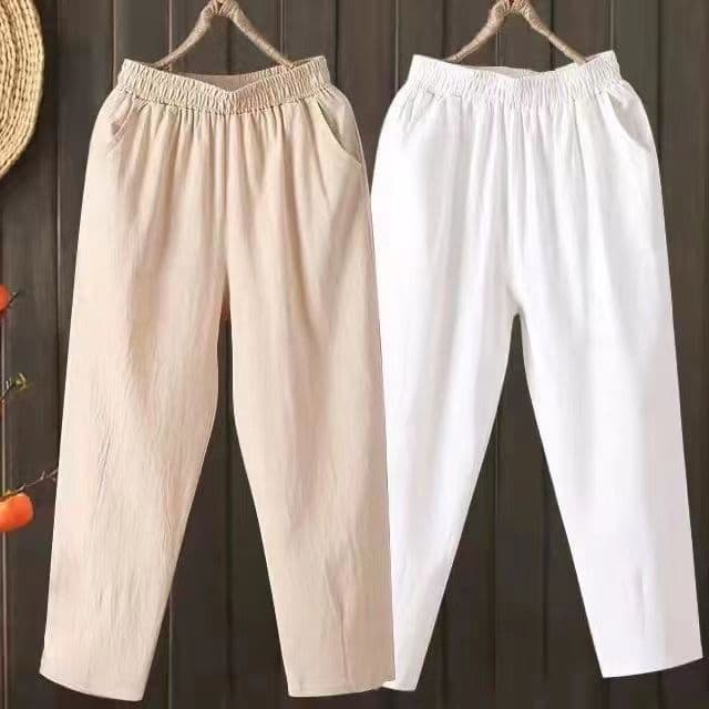 Washed Cotton Cropped Harem Pants for Women, Summer Artistic Solid Color Loose Elastic Waist Slimming Carrot Pants, Versatile Cropped Pants