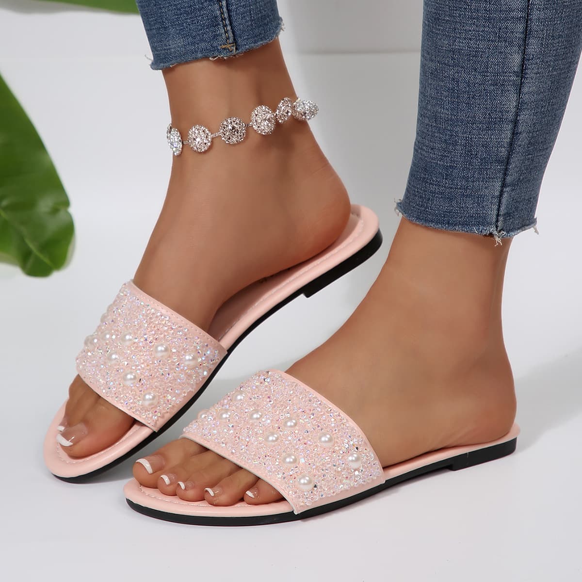 French Sequin Flat Slide Sandals for Women Fairy Style 2025 New Fashion Versatile Comfortable Slippers