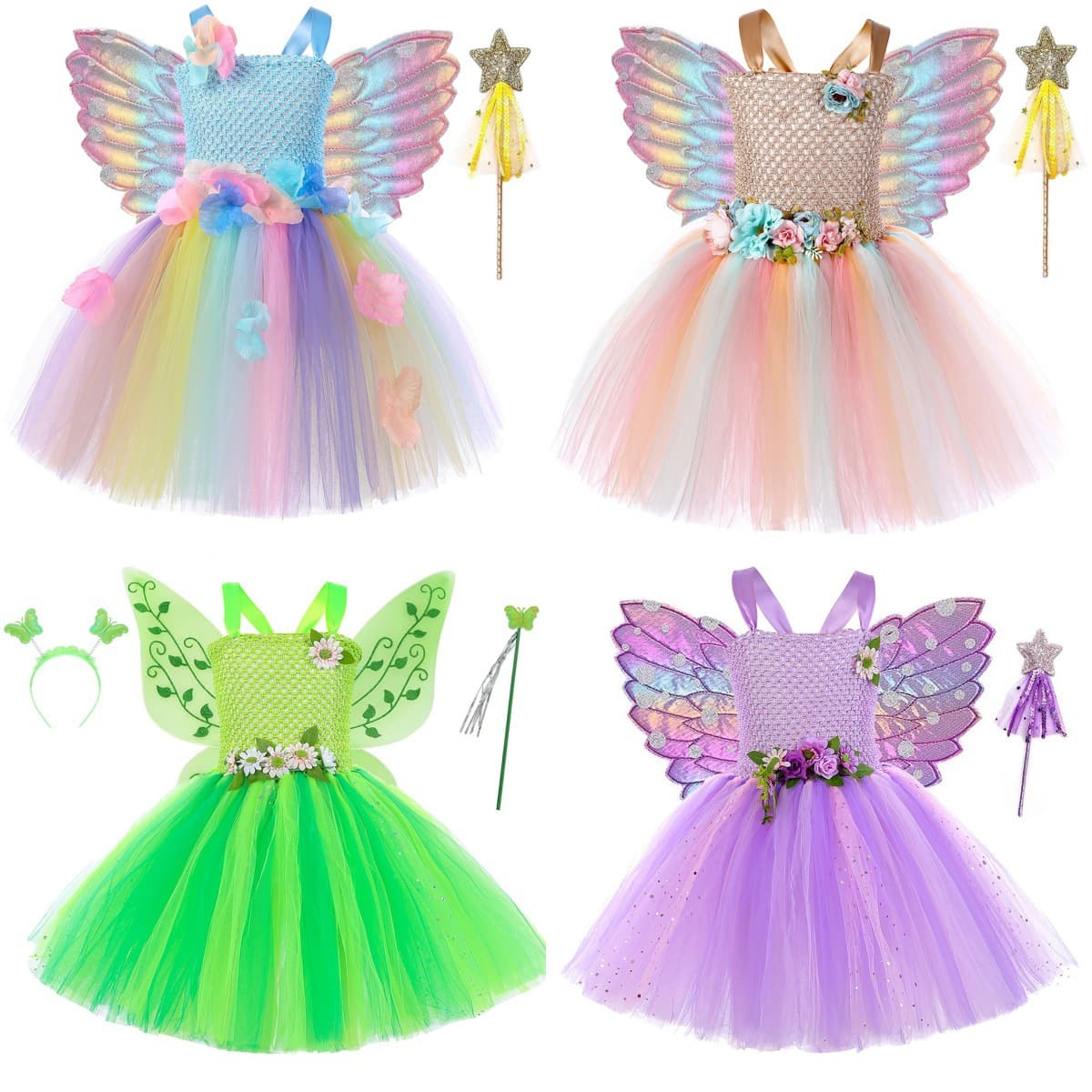 Girl's Flower Fairy Set, Child Birthday Dress with Tinker Bell Wings and Magic Wand, Little Fairy Costume