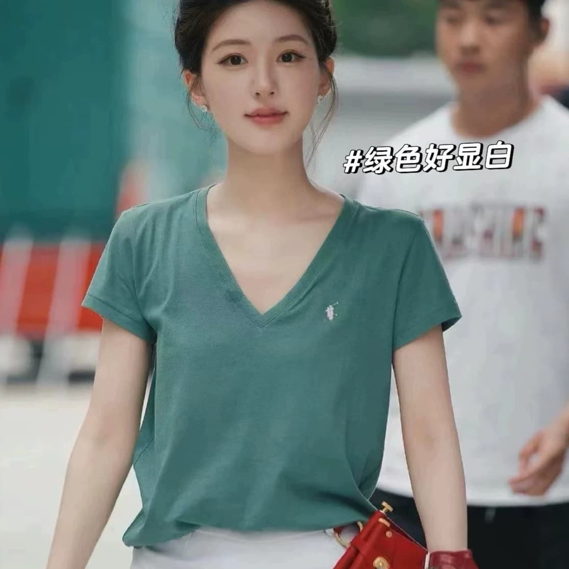 Original Stock RL Ralph Lauren V-Neck Short-Sleeve Classic Polo Pony Embroidery Simple Top Celebrity Same Style Whitening T-Shirt for Women