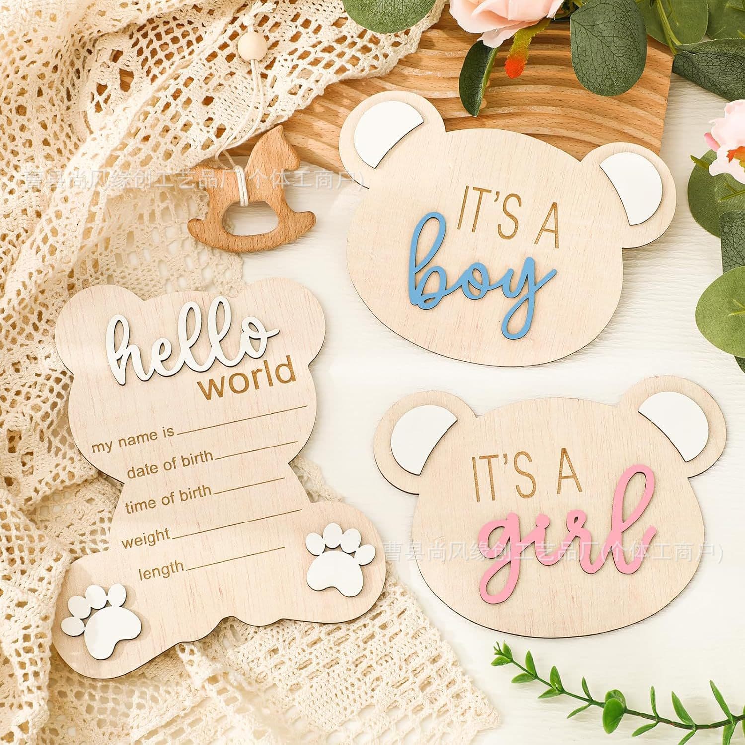 Cross-border new 3-pack baby notice board wooden gender reveal sign for baby birth commemoration