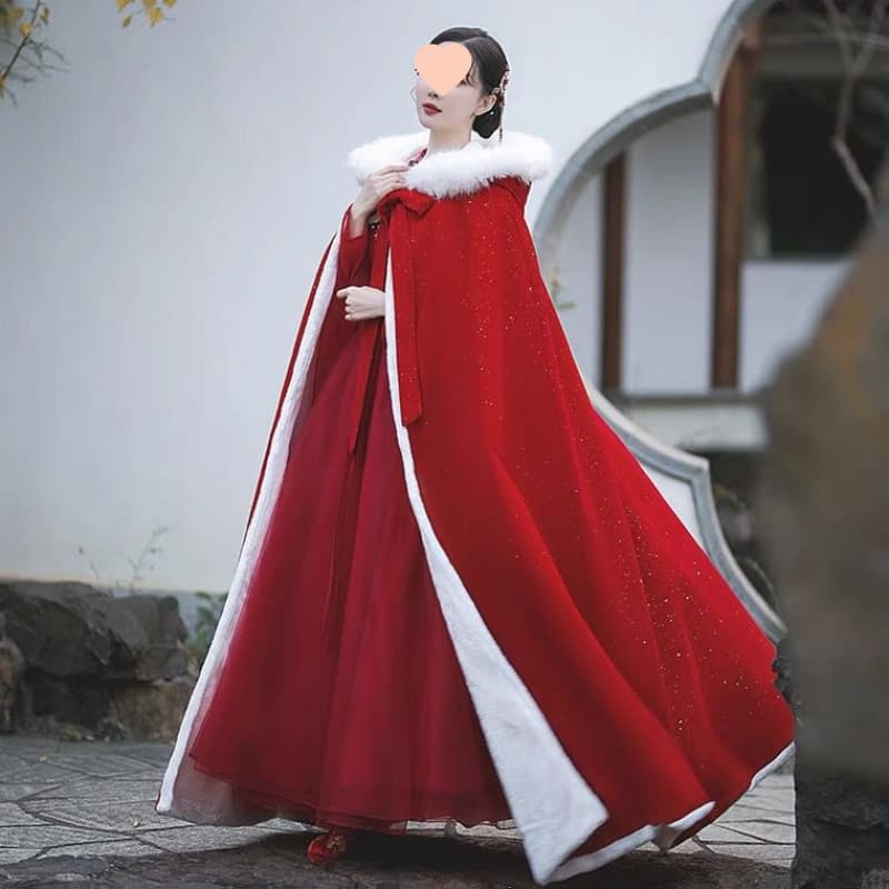 Red Cloak Hanfu for Women Chinese Style Long Fur Collar Quilted Thick Cape Ancient Costume Winter Lined