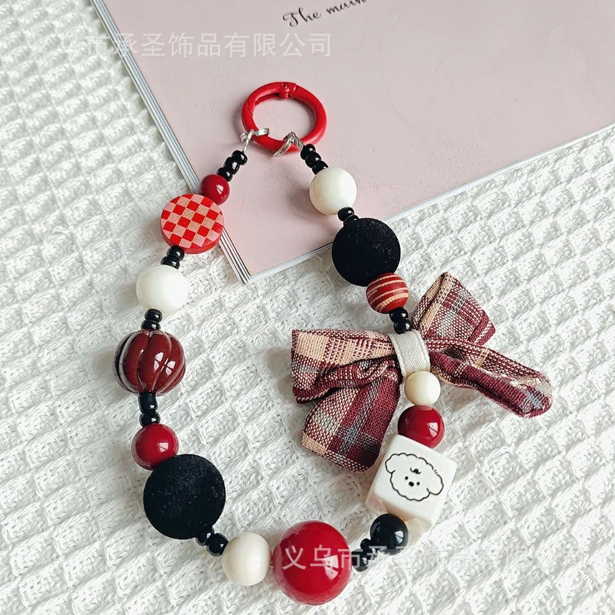 Original new ins Korean plaid cloth bow beaded mobile phone lanyard keychain ccd pendant hanging chain