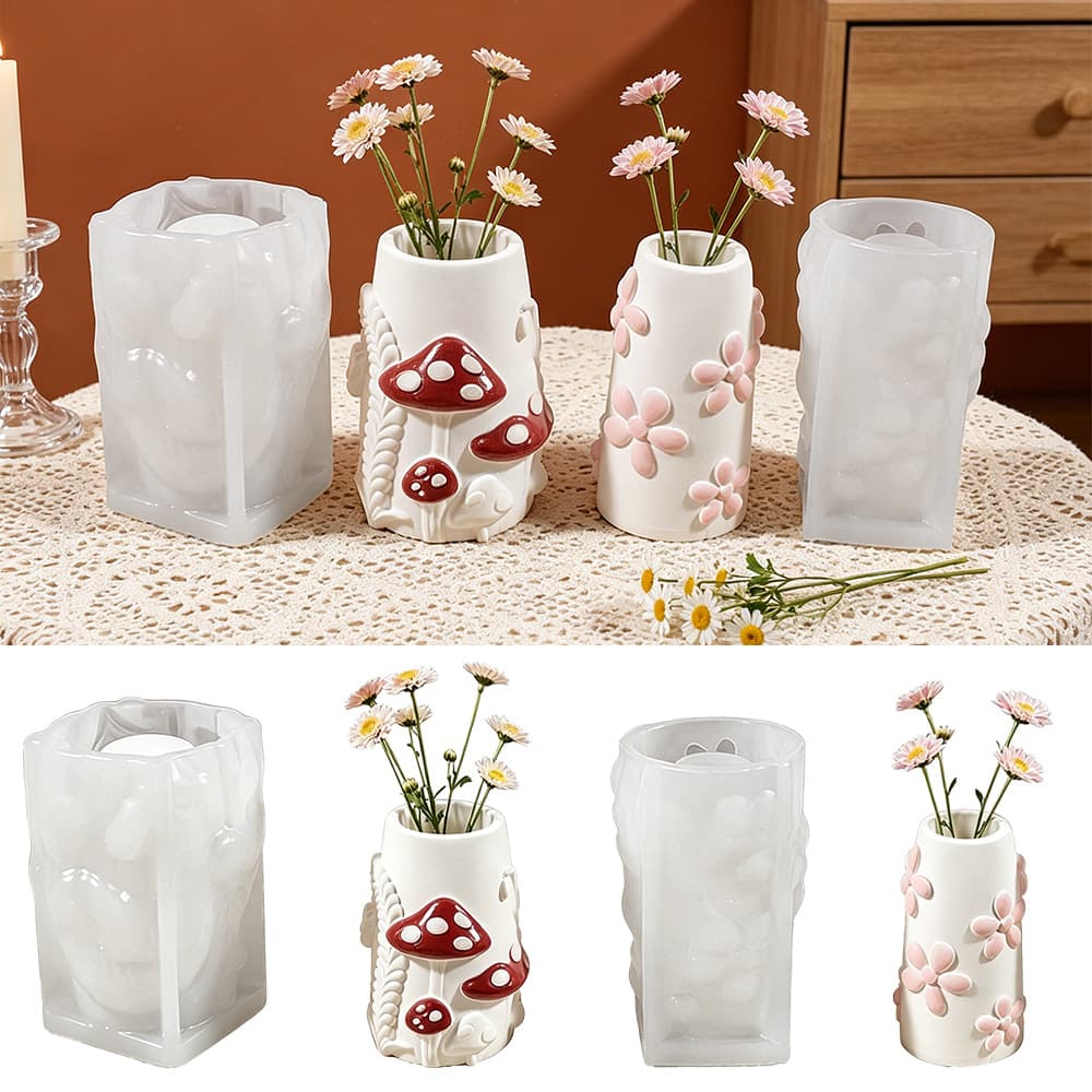 Relief Flower Mushroom Candle Cup Silicone Mold DIY Aromatherapy Plaster Storage Vase Pencil Holder Ornament Resin Mold