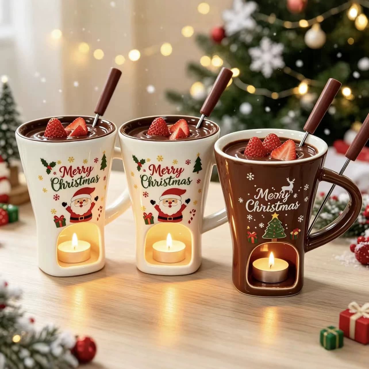 In Stock Christmas Ceramic Mug with Candle Warmer Chocolate Fondue Cup Couple's Holiday Christmas Gift
