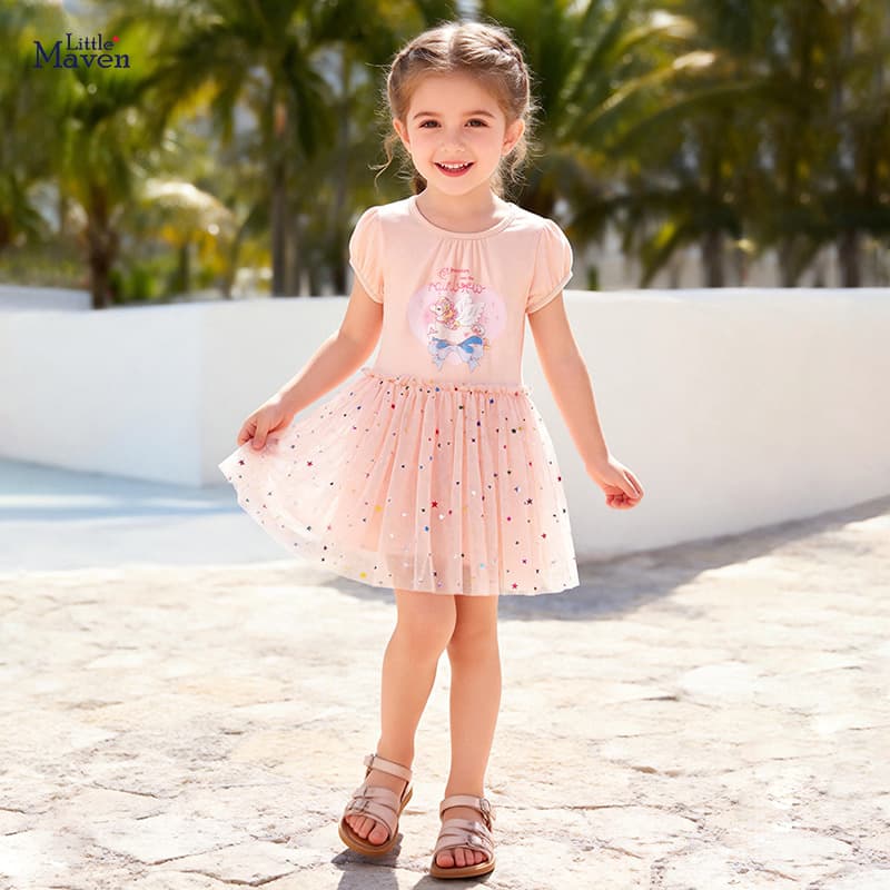 Processed and customized summer mesh girls' princess dress, European and American style cartoon dress, cute children's dress