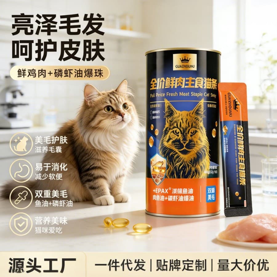 Full-Price Fresh Meat Cat Food Sticks with Fish Oil for Coat Health and Nutrition, Canned Food for Adult Cats and Kittens, 100 Pieces Per Box, Cat Treats