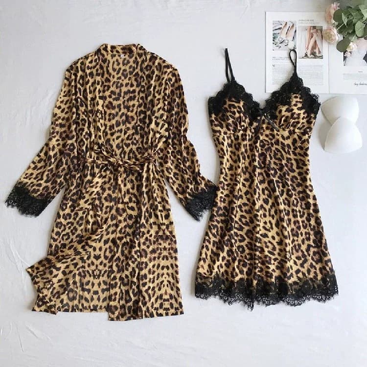 New European and American Style Silk-like Black Leopard Print Loungewear Pajama Set with Fashion Lace Trim Pajama Set Wholesale