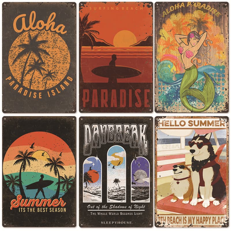 2024 New Export Summer Beach Vintage Tin Sign, American Bar Background Wall Home Decor Mural