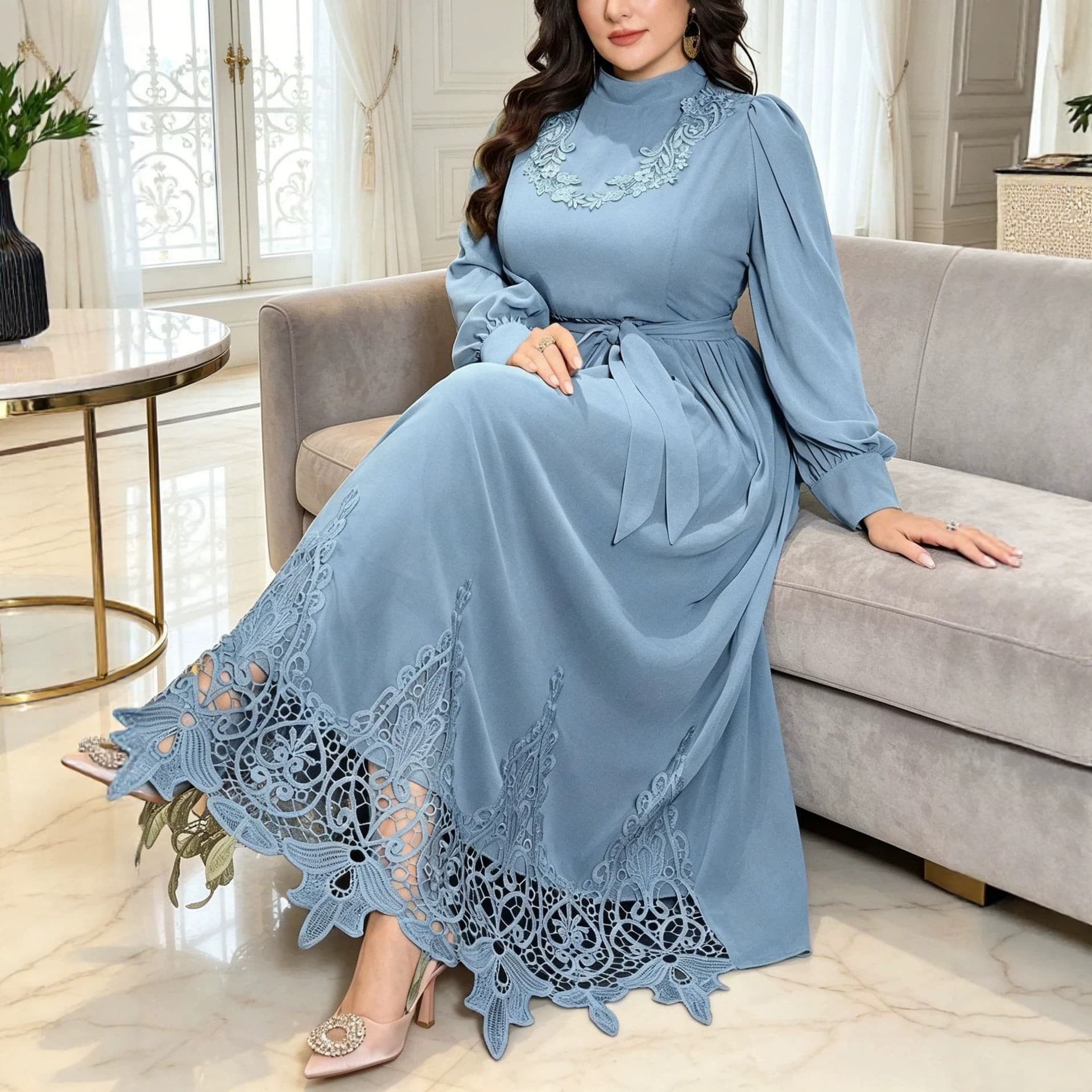 Plus Size Women's Blue Long Dress with Stand Collar, Lace, Puff Sleeves, Cinched Waist, and Tie Belt, Loose Fit