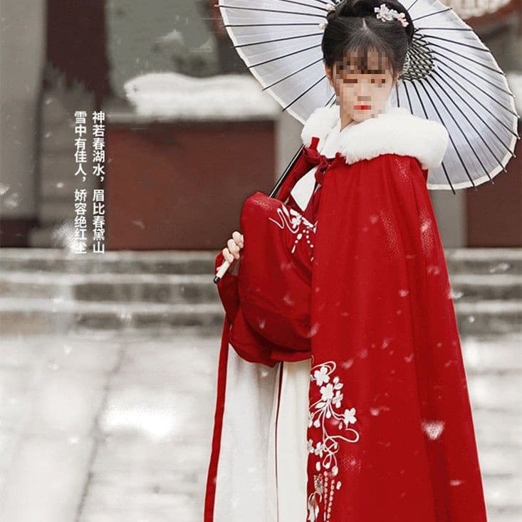 Original Authentic Hanfu Cloak for Women, Winter Long Woolen Fleece-lined Thickened Chinese-style Embroidered Cape with Large Rabbit Fur Collar