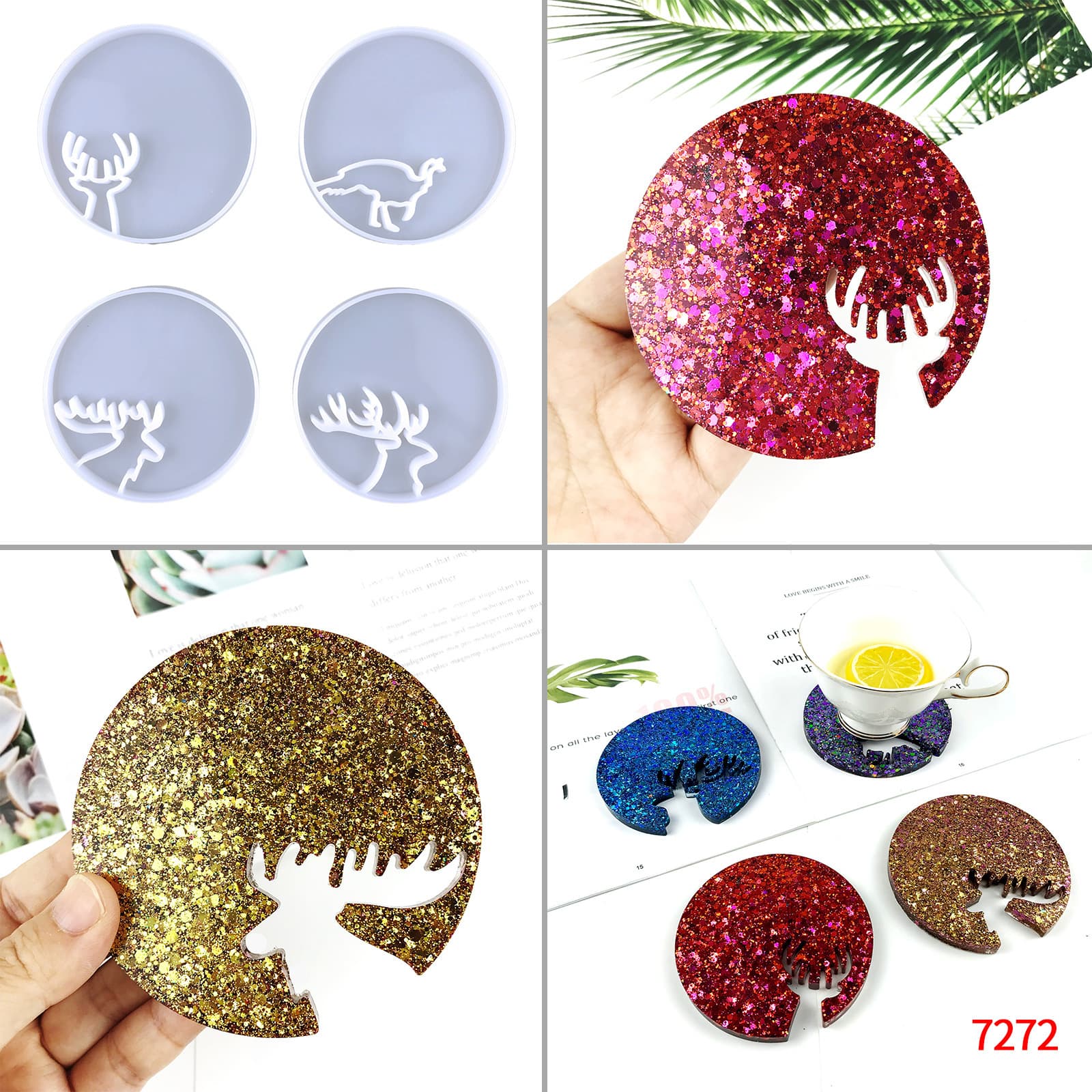 Animal Coaster Resin Mold DIY Christmas Deer Head Coaster Decoration Round Animal Tea Coaster Silicone Mold