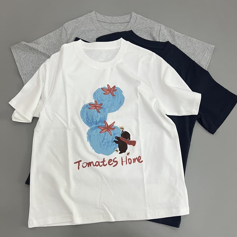 Little Bear Tomato Casual Cartoon Embroidery Print Short Sleeve Summer New T-Shirt for Women, Loose Fit Versatile Round Neck Top