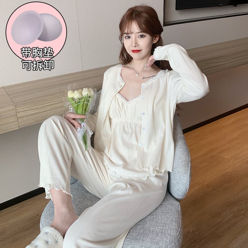 Pure Desire Style Women's Long Sleeve Cotton Pajama Set with Camisole, Padded Bra, and Jacket, Sexy Loungewear for Spring and Autumn