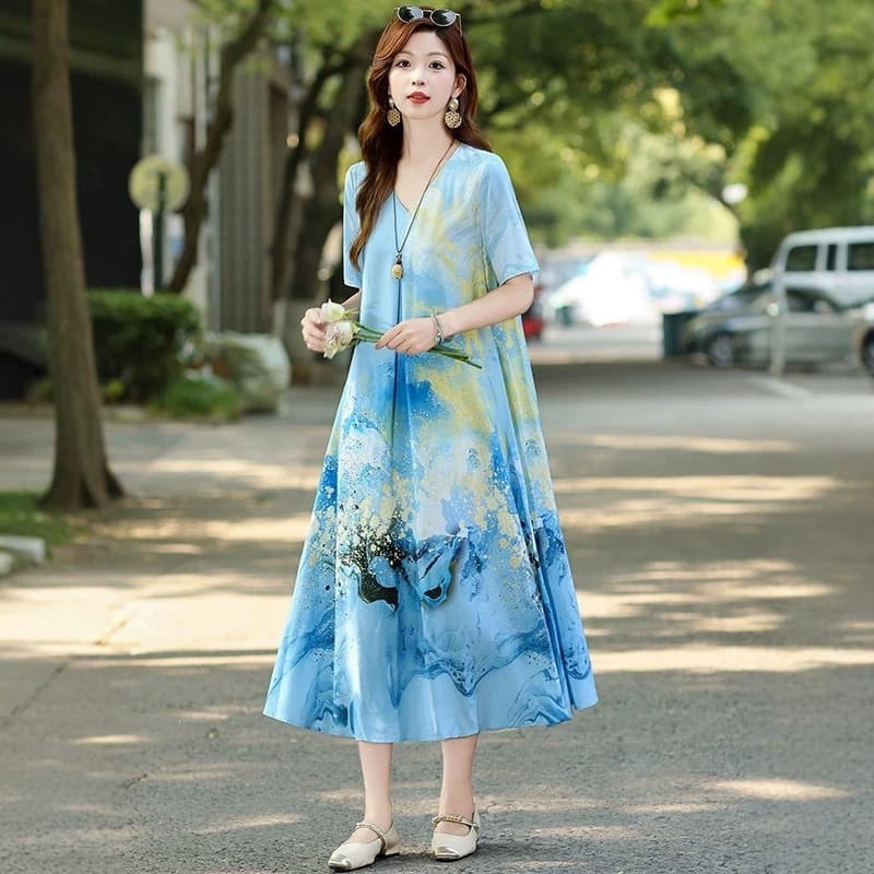 2026 Summer Women Cotton Silk Dress Loose Slim Middle-aged and Elderly Elegant Large Swing Dress Artificial Cotton Beach Dress
