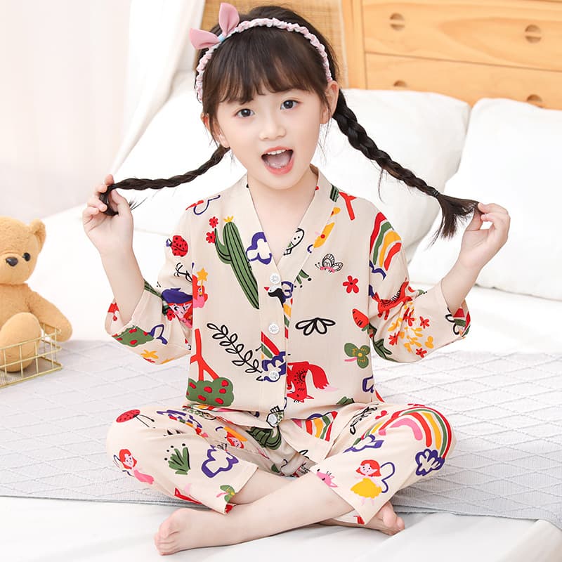 Children's Cotton Silk Pajama Set Summer Boys Girls Air Conditioning Wear Middle and Big Kids Homewear Family Matching Baby