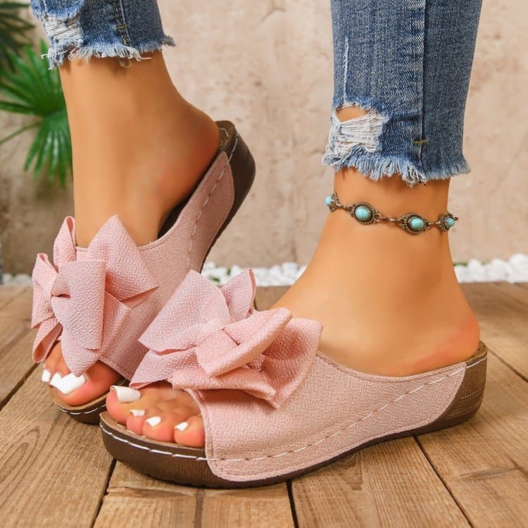 Southeast Asian Export Wedge Thick Sole Strap Slippers for Women, Cross-Border Plus Size Bow Fish-Mouth Beach Sandals, Wish