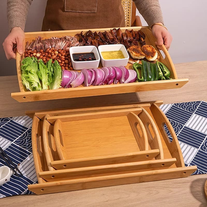 Bamboo Wood Tea Tray Japanese Style Home Cup Tray Rectangular Wooden Candy Tray Hotel Restaurant Tea Set BBQ Tray