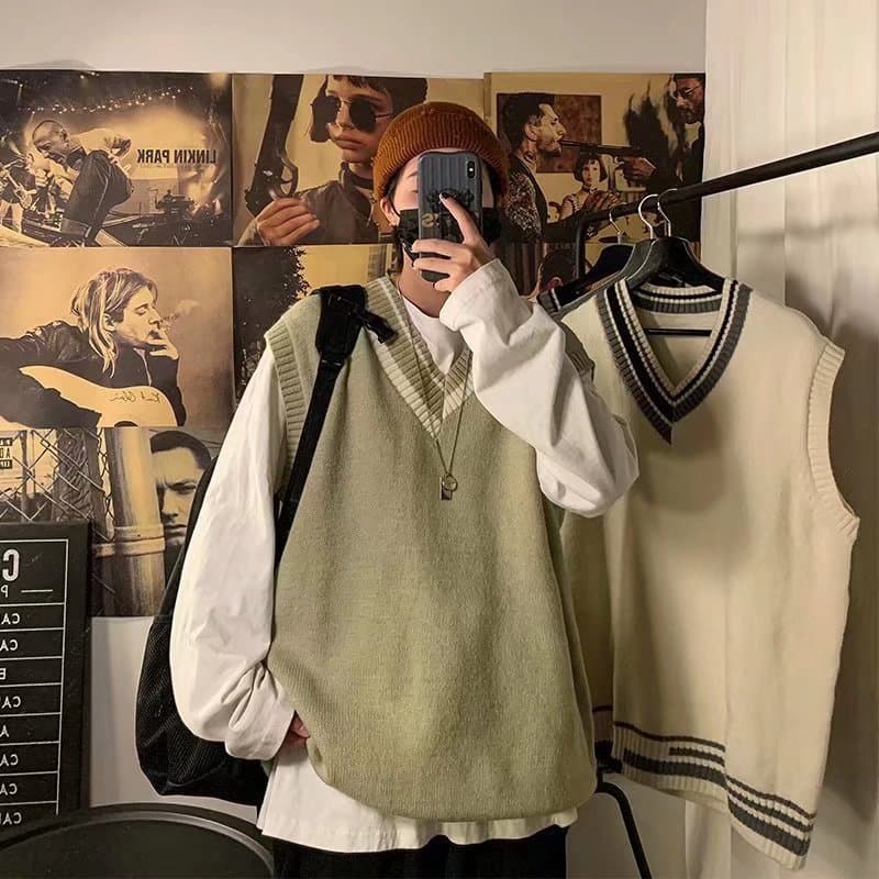 [SHOPEE Hot Item] TW Cross-Border Men's Clothing V-Neck Hong Kong Style Loose Casual Knitted Sweater Vest