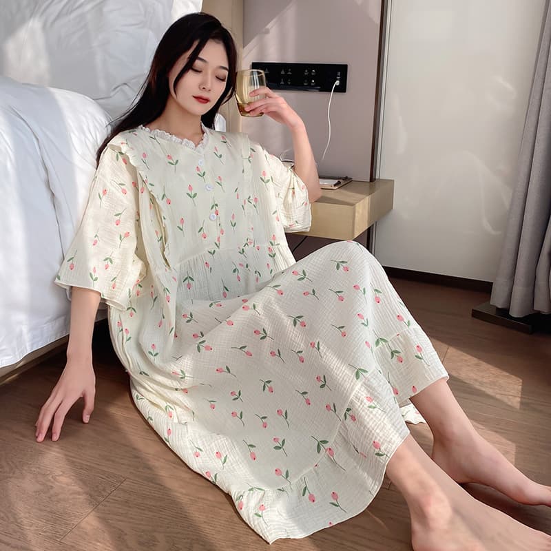 Plus Size Women's Cotton Gauze Short Sleeve Nightgown Summer Cartoon Print Long Dress Maternity Thin Homewear