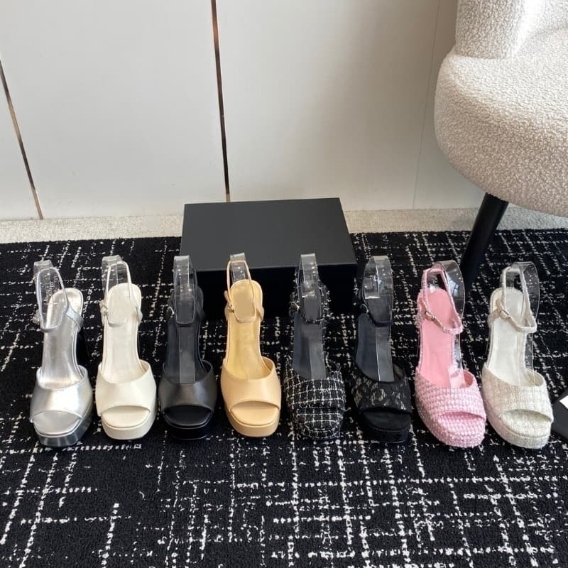 Custom 2024 Summer New High Heel Sandals Women Lace 12cm Thick Platform Chunky Heel Genuine Leather Chanel Style Women's Shoes