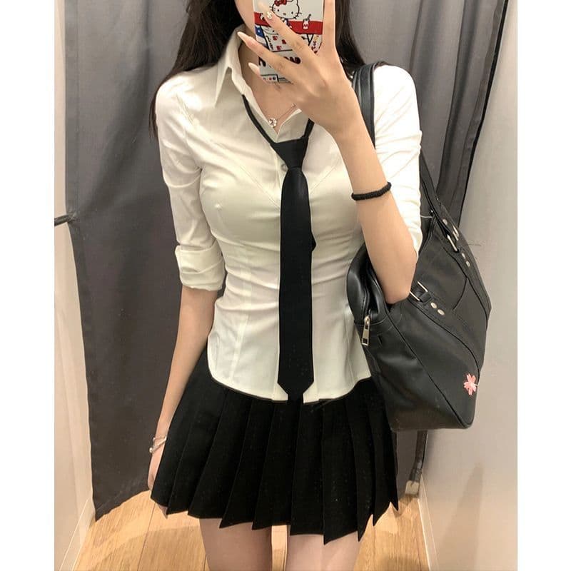 Original JK Uniform Cute and Sexy Style College Wind Short Sleeve White Long Sleeve Waist-Cinching Shirt