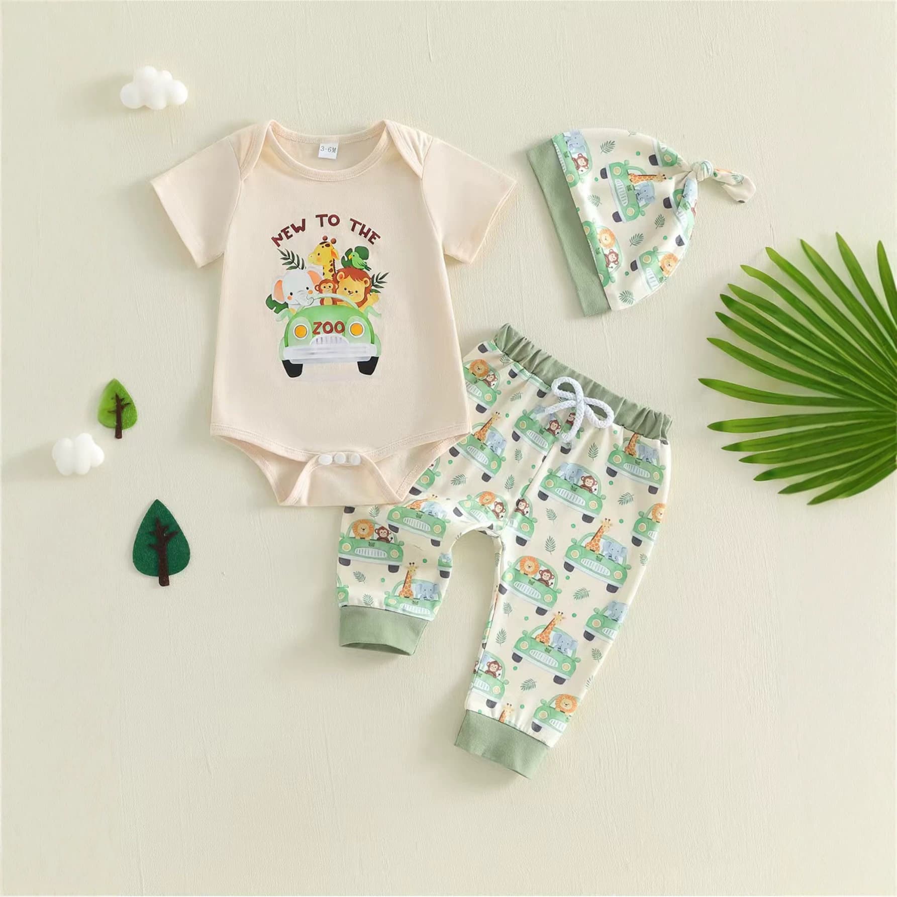 Infants and young children casual simple cartoon letter printed short-sleeved harem all-printed trousers and hat three-piece set