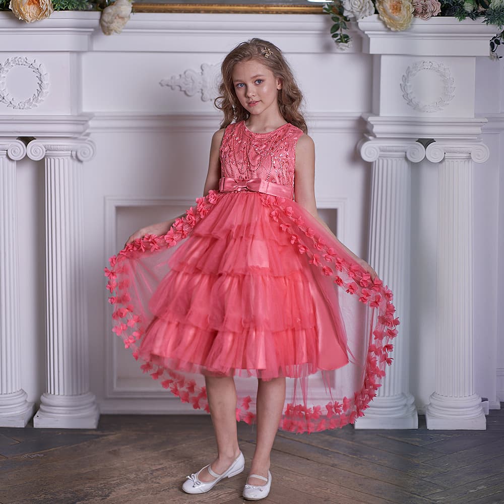 Cross-border cross-border new embroidered beaded children's dress princess tutu multi-layered bow mermaid evening dress