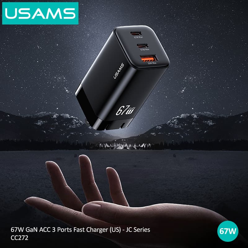 USAMS 3-Port 65W GaN Fast Charger Compatible with iPhone 16 Android Phone Tablet Charging Head Cross-Border Wholesale