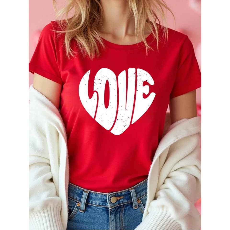 【Cross-Border European Size】Heart Print Women's T-Shirt Summer Funny O-Neck Y2K Top T-Shirt for Women 90S Girl Style