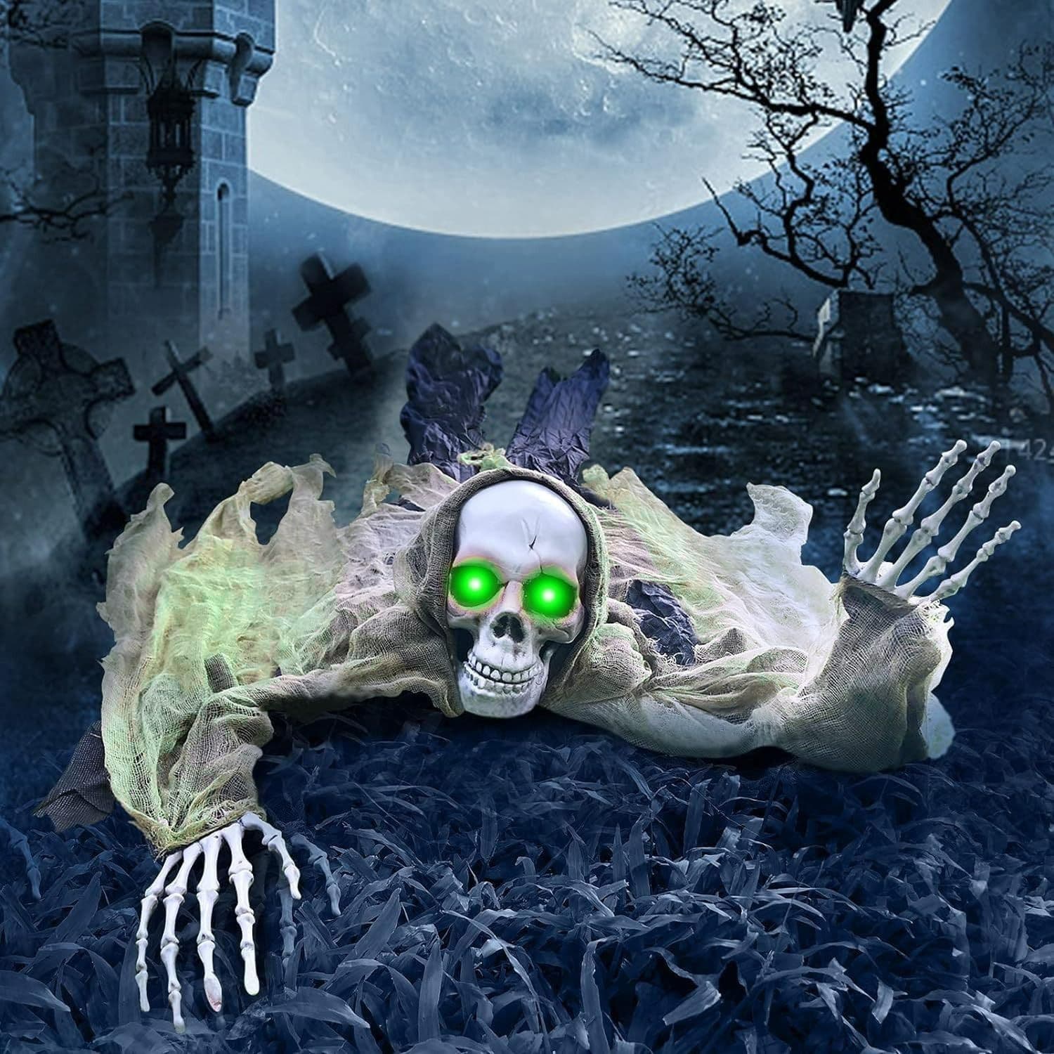 New Cross-Border Product Halloween Light Up Skull Figurine LED Glowing Eyes Skull