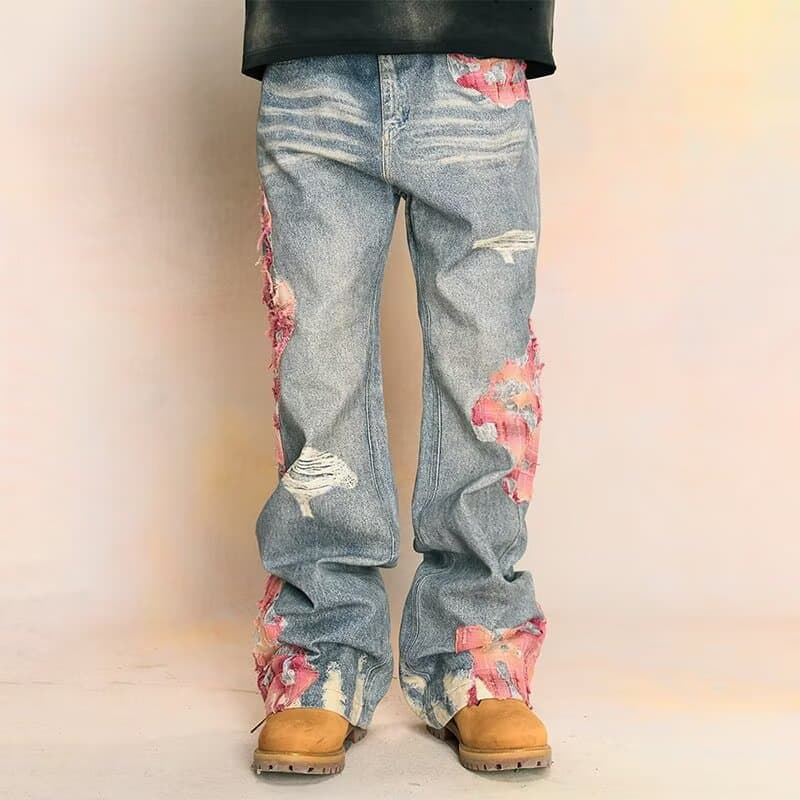 Men's Jeans Cross-Border High Quality American High Street Patchwork Jeans Unisex Slightly Slim Fit Printed Pants