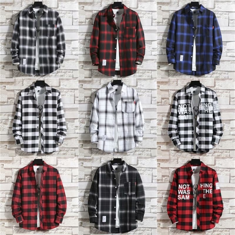 Men's Plaid Long Sleeve Shirt Loose Fit Trendy Large Size Student Jacket Spring Summer Casual Wear Polyester Machine Washable