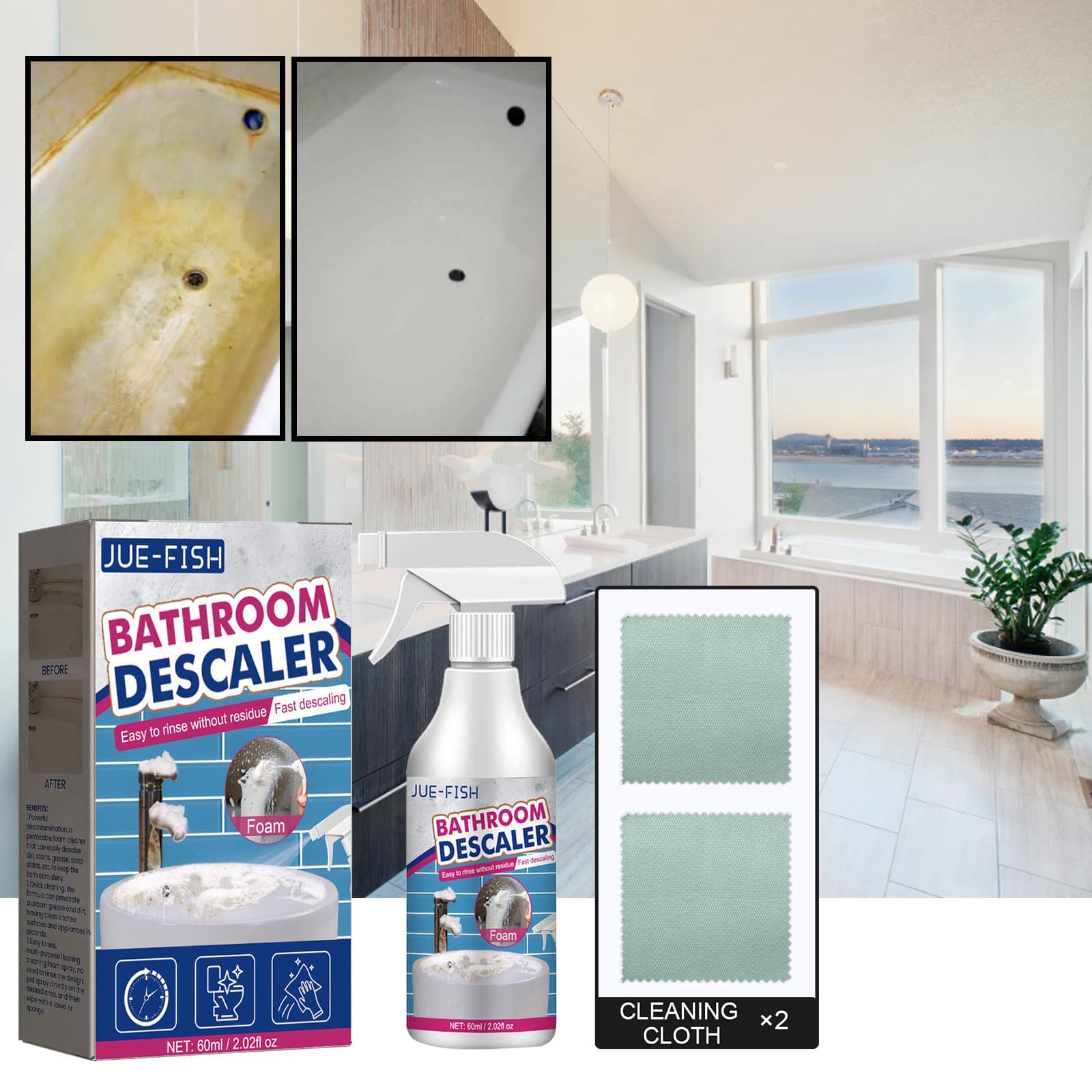 Jue Fish Bathroom Cleaner - Stain Remover for Stainless Steel Washbasins, Shower Rooms, Bathtubs, and Glass Scale Removal