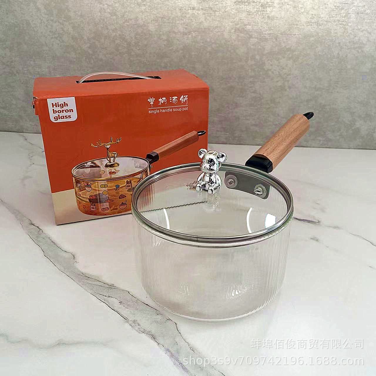 Single-handle high borosilicate glass bear head soup pot/noodle bowl, transparent, large capacity, household stewing/soup pot with lid