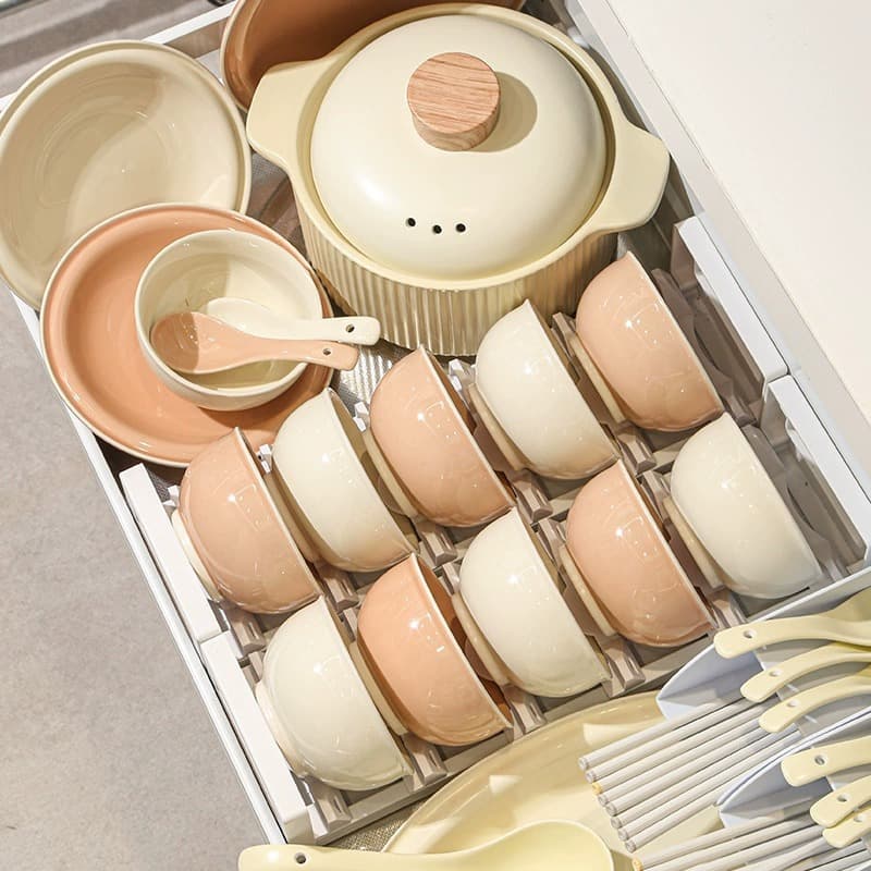 2024 new cream style tableware, high-end, light luxury bowls, dishes, bowls and chopsticks, fresh set, full set for home relocation