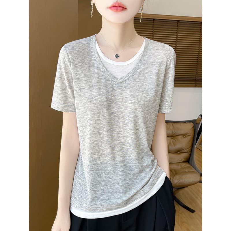 Fake Two-Tone Round Neck Short Sleeve T-Shirt Women Thin Simple Lyocell Tencel Summer New Knit Base Layer