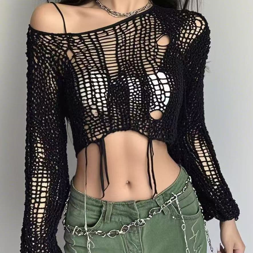 Knitted Design Long Sleeve Hollow New Knitwear Loose Short Top American Style Summer Women